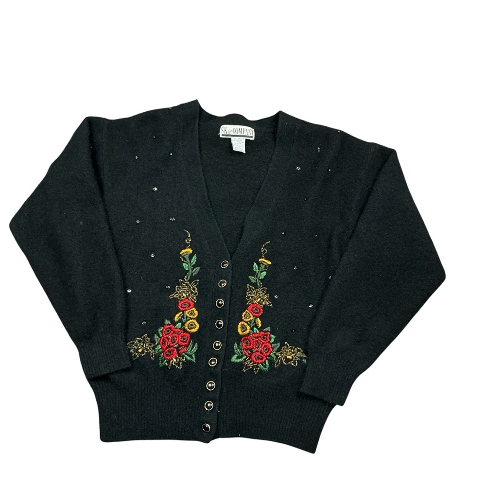 Vintage lambswool/angora beaded black cardigan sweater women’s S/M